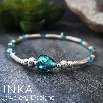 925 Sterling Silber Perlen Armband mit Türkis Murano Herz Perle von INKA