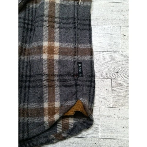 PrAna Asgard Men's L Gray Brown Plaid Hooded Flannel Jacket Snap Front image 7