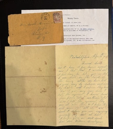 Civil War Letter 1865 Wesley Travis, NY 189th Infantry - I.D.’d Soldier