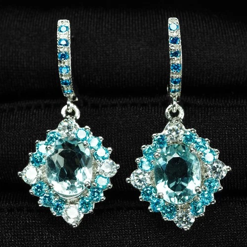 DANGLE EARRINGS BLUE AQUAMARINE 3.40CT 925 STERLING SILVER WHITE GOLD EARRINGS
