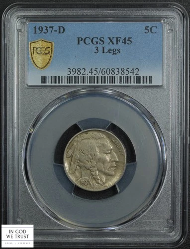 1937 D Three Legged Buffalo Nickel 5C 3 Legs PCGS XF 45