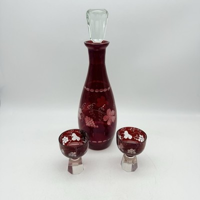 Vtg Bohemian Czech Red Ruby Etched Decanter & 2  Sherry Glasses Grapes