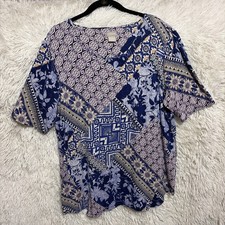 Chico's Size 3 Top Women's Blue Boho Floral Rayon Blend Short Sleeve XL Tunic