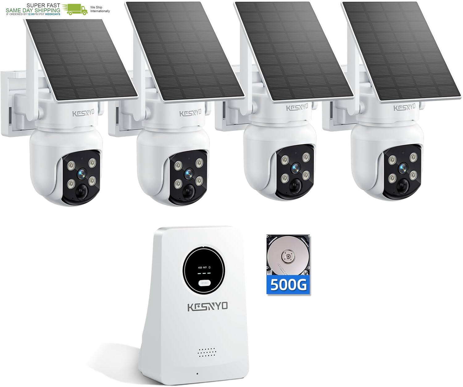 4MP Solar Powered, 4 Cam Kit, Color Night Vision, 360&deg; PTZ,