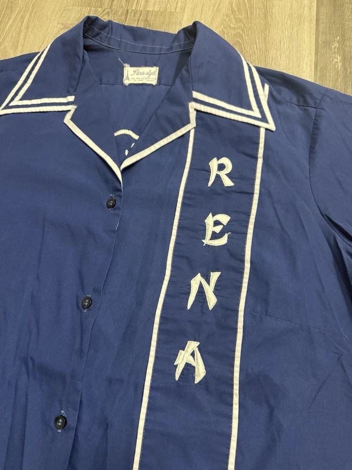 Camisa de Bowling Años 70 Azul Marino/Blanco Bordada Talla XL/XXL Foto 3 de 4