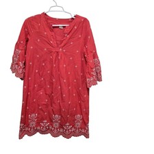 GAP Eyelet Embroidered Shift Dress Womens S Coral Bell Sleeve Boho Cotton