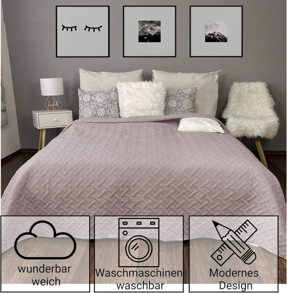 HOMELEVEL Tagesdecke Bettüberwurf Sofaüberwurf , Altrosa, 200 x 220cm, gesteppt - Bild 3 von 4