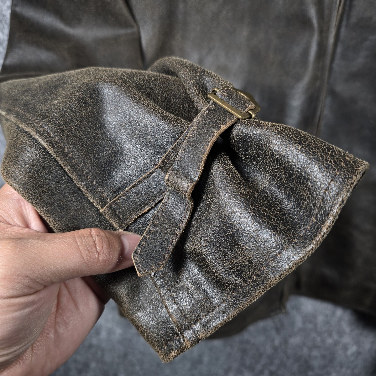 Vintage Crew Brown Leather Bomber Zip Jacket Wool Lined