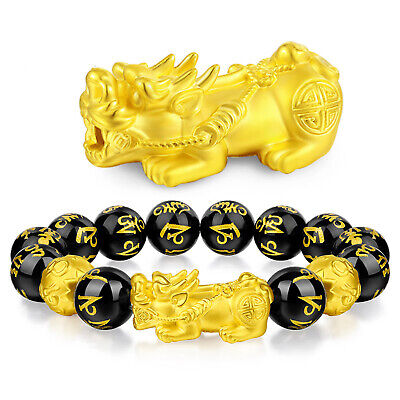 Pure 999 24K Yellow Gold Bracelet 3D Luck Pixiu 貔貅 Six-word Motto Bead  Bracelet | eBay