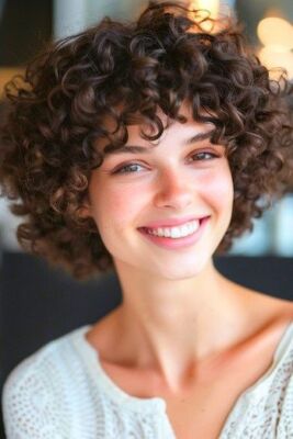 Short Curly Chocolate Brown Kinky Curly Pixie Cut Bob Wigs with Bangs Glueless 