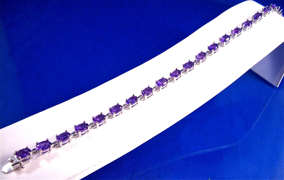 PULSERA TENIS AMATISTA GENUINA OVALADA PLATA ESTERLINA, 7,25" LONGITUD, 8 CTTW Foto 2 de 4