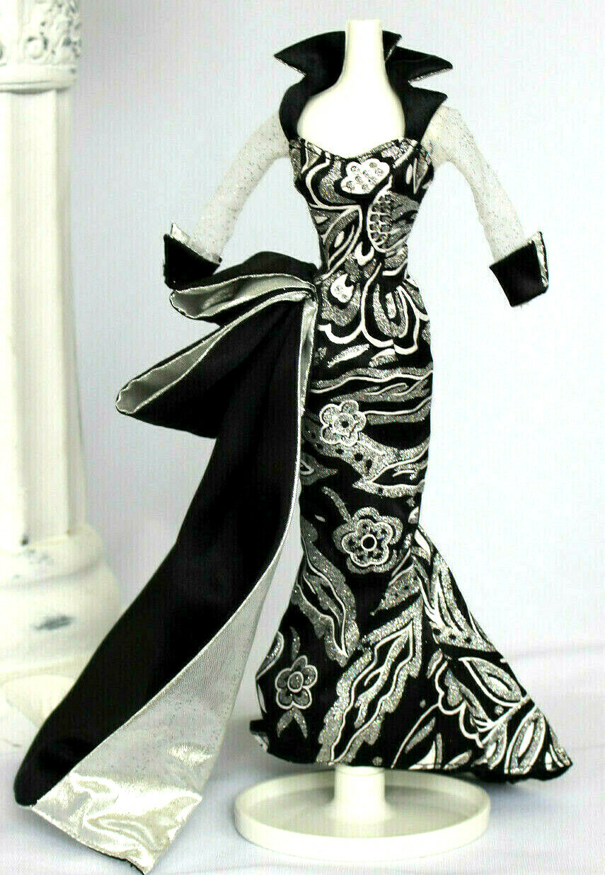 Black silver brocade barbie dress gala fashion red carpet drape skirt outfit