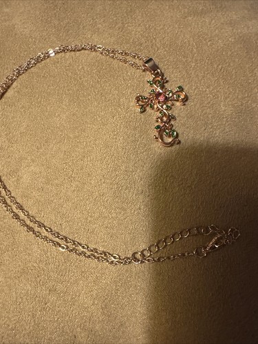 Pretty Green Leaves Gold Cross With Pink Stone Pendant Necklace - Picture 6 of 7