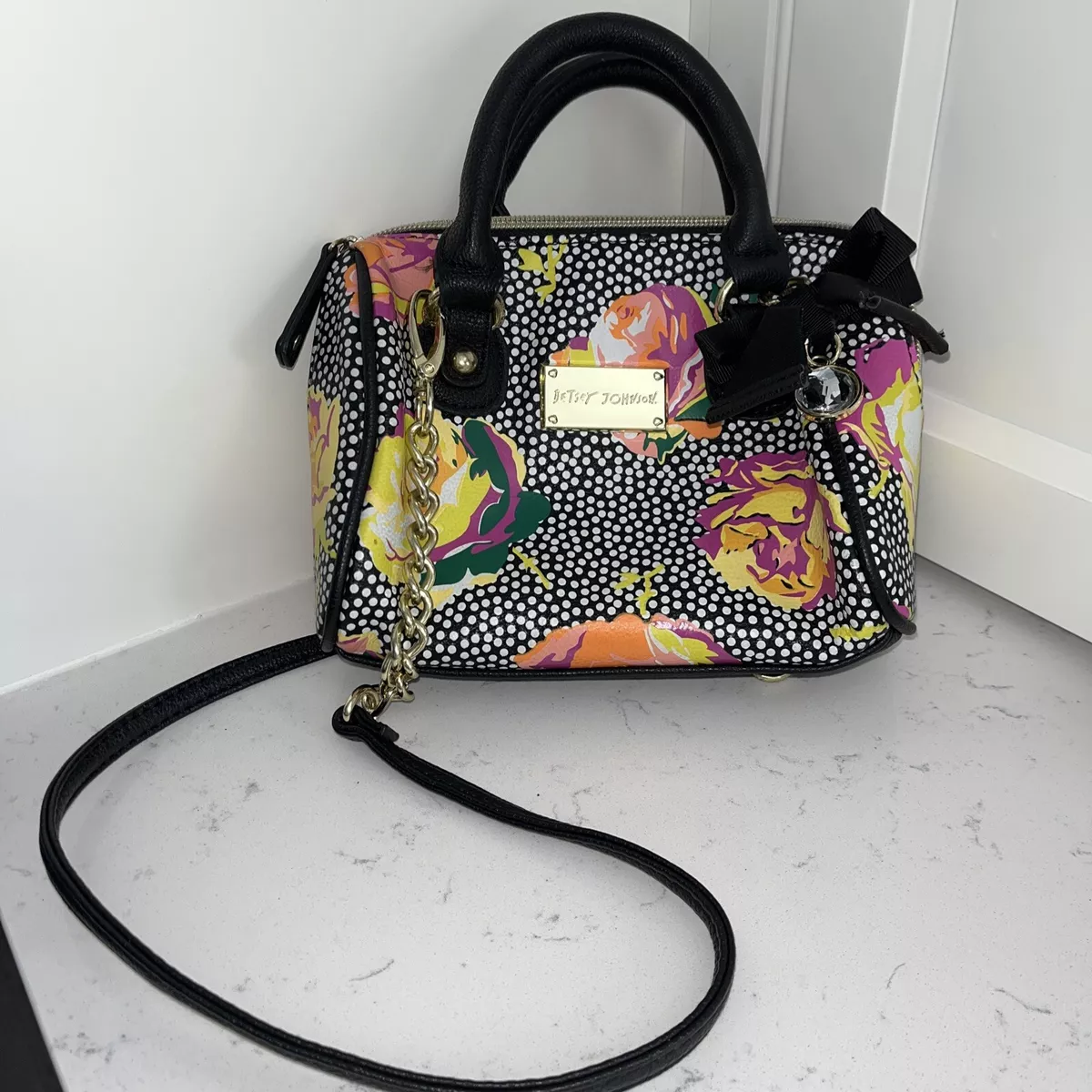 Betsey Johnson Small Purse Black White Pink Floral Detachable