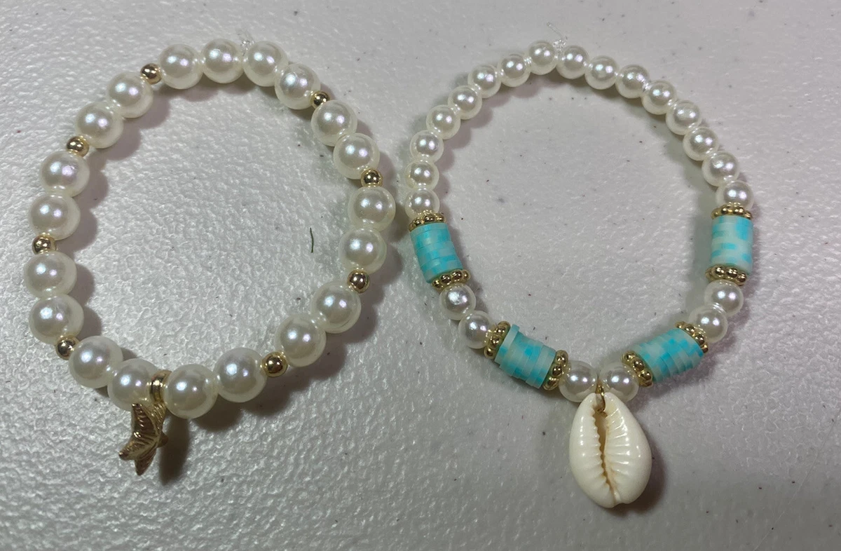 Handmade Blue Clay And Pearl Beach Theme Bead Bracelets Lot Of 2