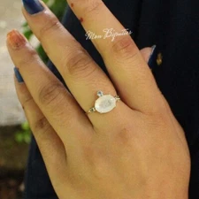 10x8mm Natural Rainbow Moonstone, Blue Topaz & Diamond Stack Band Ring 14k Gold