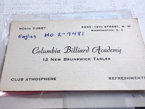 Vintage Columbia Billiard Academy Business Card, Washington, DC