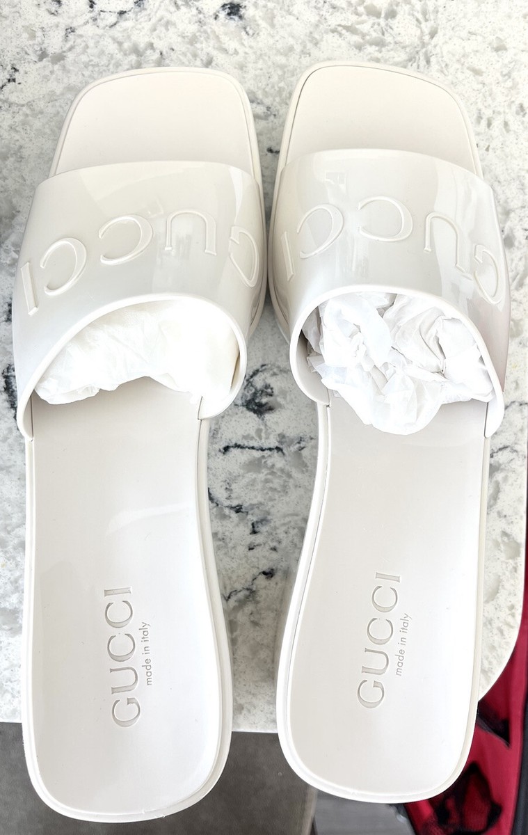 【GUCCI】ロゴ レザーソール スライドサンダル ホワイト 厚底 スタッズ GUCCI ホワイト ロゴ スライドサンダル 37 GUCCI ホワイト ロゴ