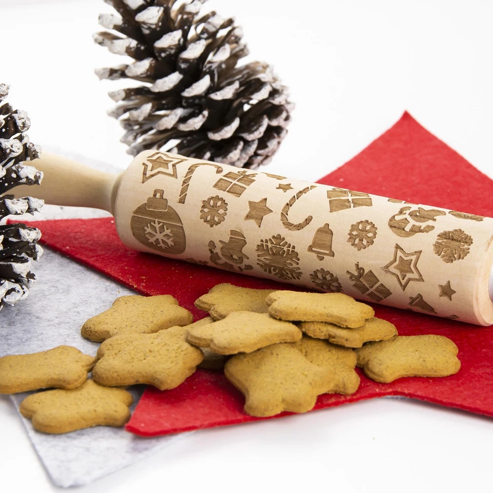 Nudelholz mit Weihnachtsmuster Weihnachten Gravur Keksrolle Holzrolle Ausstecher - Bild 3 von 4