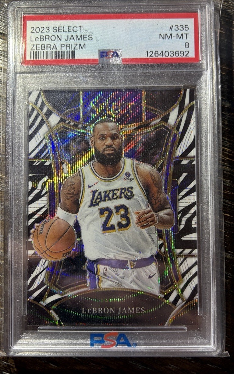 2023-24 Panini Select - Mezzanine Level LeBron James #335 Zebra Prizm PSA 8