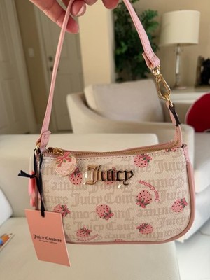 Juicy Couture Shoulder Bag Pink Strawberry Print Logo Charm Bow Tag Designer