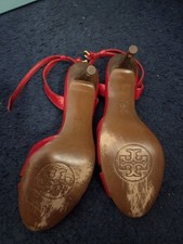 Tory Burch Tania Red Patent Leather Peep Toe Heel Sandals Size 8M EUC, $290