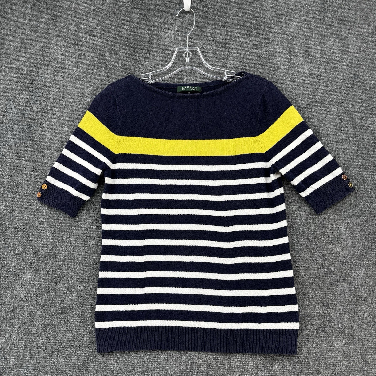Lauren Ralph Lauren Blue White Yellow Striped Boat Neck Sweater Women’s Medium