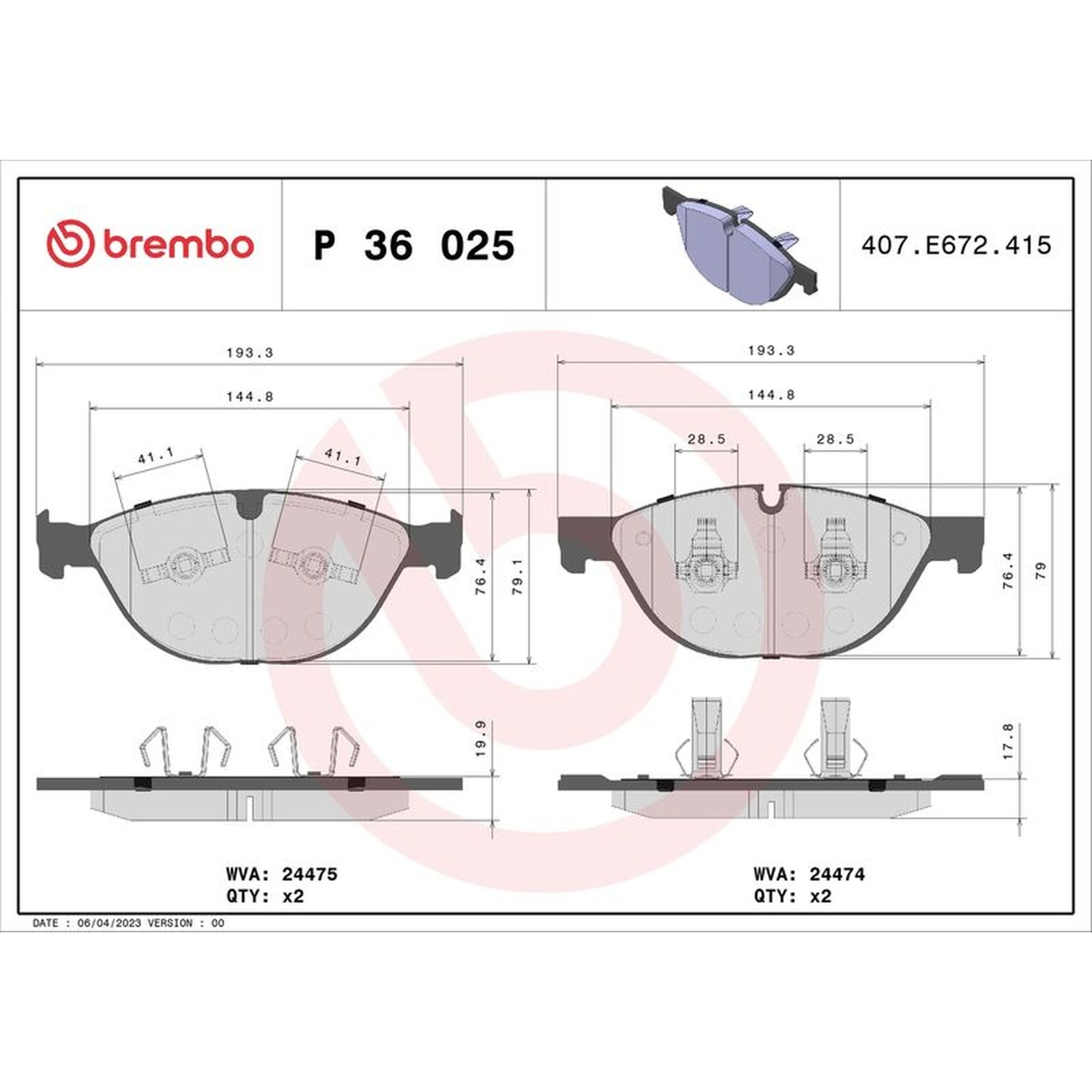 BREMBO Brake Pad Set (2 Wheels on 1 Axle) P 36 025 / P36025