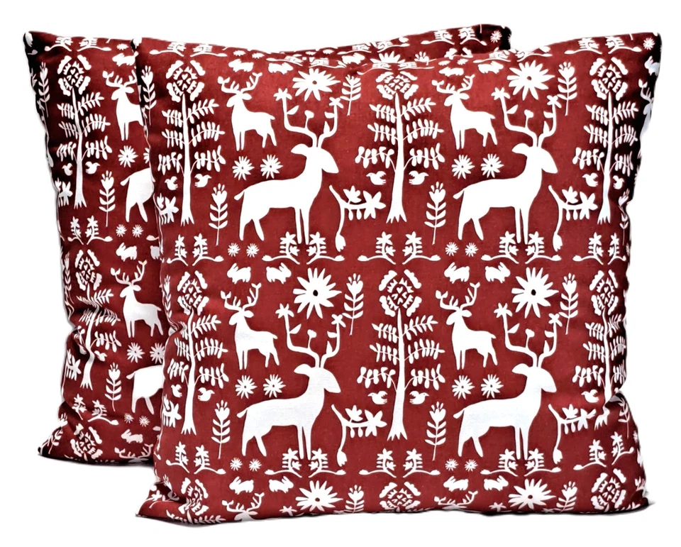 Folk art Holiday Reindeer Red Scandinavian Decorative Throw Pillow Cover 18x18 - Image 3 of 4