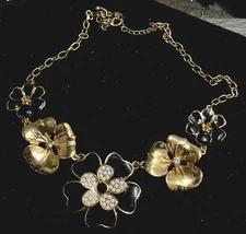 Hawaiian Gold Tone Rhinestone Floral Collar Bib Statement Necklace Flowers