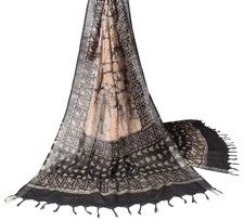 Sushila Vintage Batik Printed Dupatta Pure Cotton Black  Peach Long Stole Veil