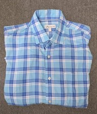 Peter Millar Mens Medium Blue White Plaid Long Sleeve Button Up Shirt