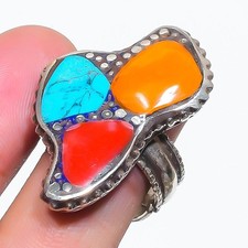 Red  Yellow Coral Turquoise Adjustable Ring Boho Tibetan Nepali Jewelry NR 3372