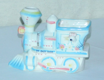 1959 Vintage Rubens Originals Baby Bank Planter Train Engine Stork Pink Blue