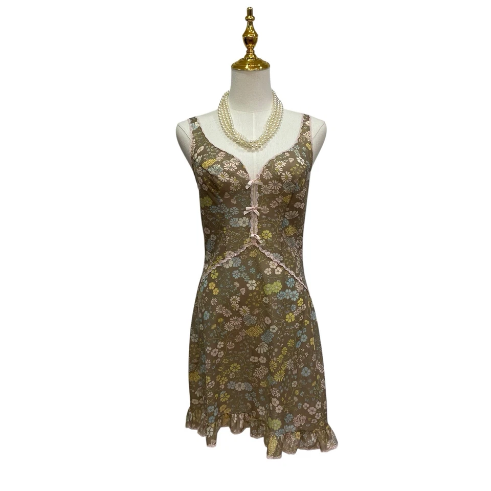 Vintage 60s Brown Floral Nylon Lacy Ruffle Mini Slip Dress Women’s Size S - Image 2 of 4