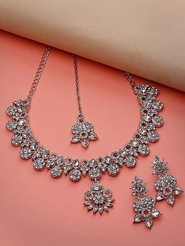 Rhodium Plated Silver AD Stone Floral Collar Bone Necklace Set Kundan Jewelry Foto 4 de 4