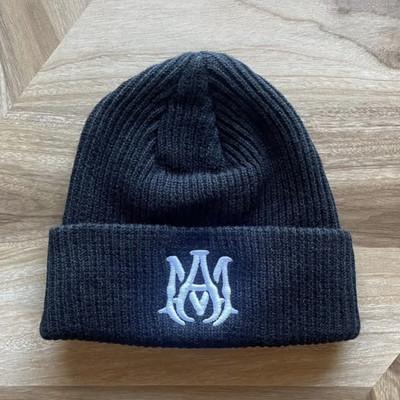 Amiri Black Knit Beanie Hat with Embroidered Logo for Men