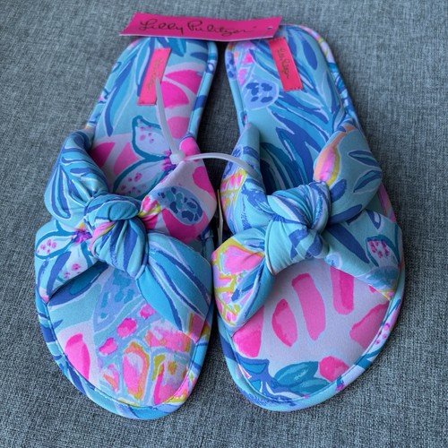 Lilly Pulitzer L/XL Sea Glass Aqua RAINFOREST RETREAT POOL SLIPPERS Lounge NWT - Picture 3 of 11