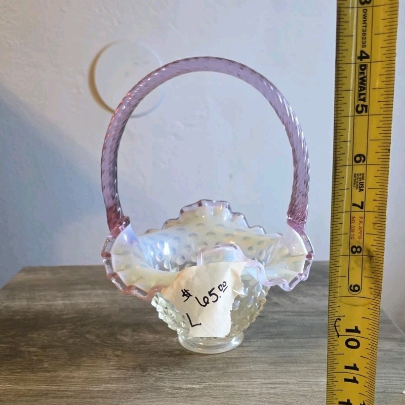 Pink White Iridescent Hobnail Glass Oval Decorative Basket w/ Handle 8 in