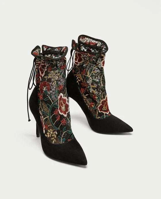 ZARA WOMENS EMBROIDERED STOCKING STYLE HIGH HEEL BOOTS BLACK SZ 6.5 NEW