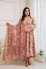 Women's Printed Cotton Anarkali Kurta  Pant With Dupatta Set