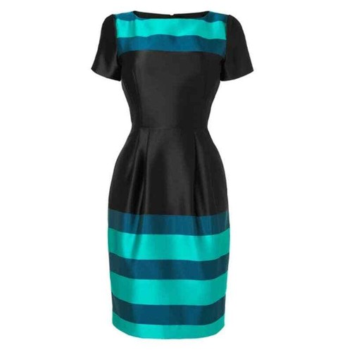 L.K. Bennett Accalia Dress in Peacock 2 A-Line Short Sleeve Teal/Gray Satin NWT - Picture 6 of 6
