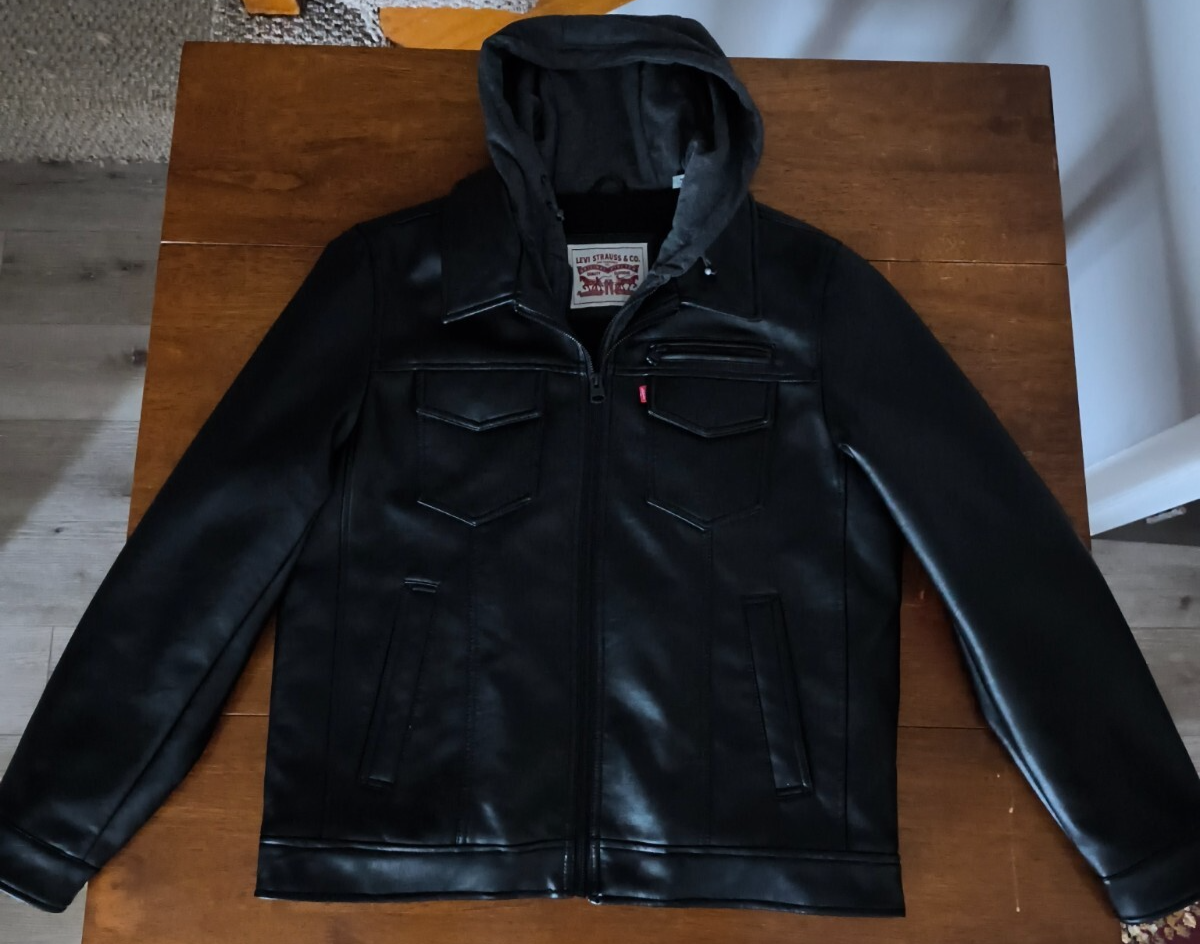 Levi's Men's Hooded Black Leather Jacket Sherpa Lined Sz M Faux