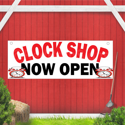 Clock Shop Now Open Indoor Outdoor Vinyl Banner Design