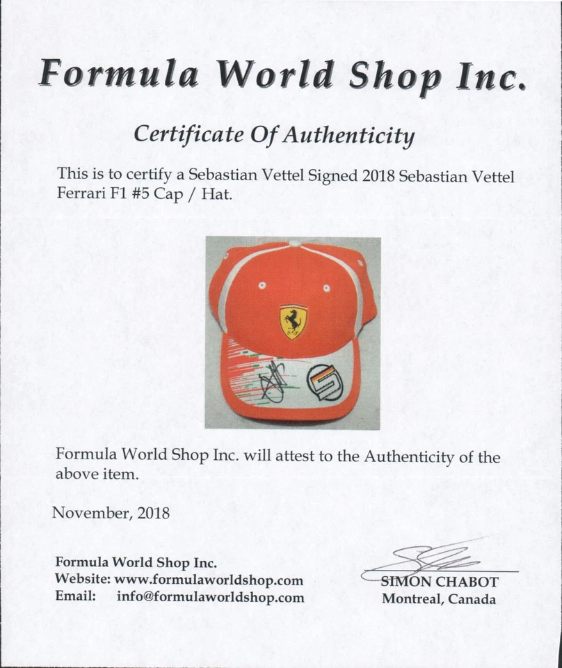 Sebastian Vettel Signed Autographed Ferrari Formula 1 Cap/Hat COA - Image 3 of 4