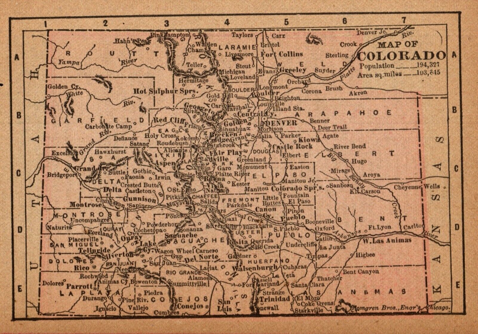 1888 Antique COLORADO State Map Original MINIATURE Vintage Map of Colorado 9394