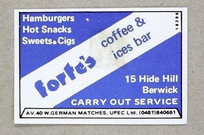 Matchbox Label Upec Forte s Coffee & Ices Bar 15 Hide Hill Berwick MR234