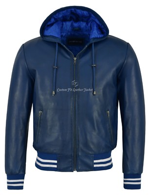 Men's Baseball Hooded Blue Leather Jacket Slim Fit Stylish 100%  Lambskin 4486