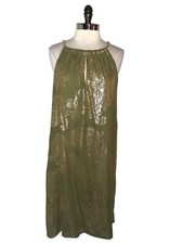ROAMAN'S Plus Sz 14W Shift Dress Green Gold Shimmery Paisley Gold Chain Neckline