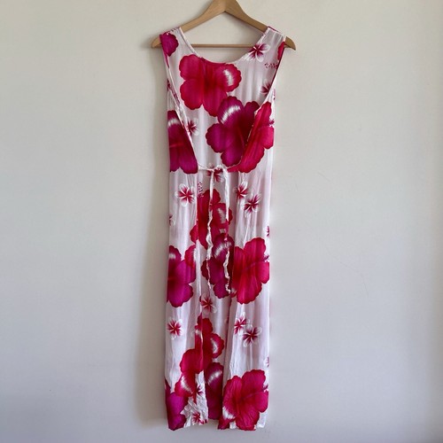 y2k hawaiian dress Pink midi floral tropical Boho Summer Frangipani Hibiscus - Picture 12 of 14